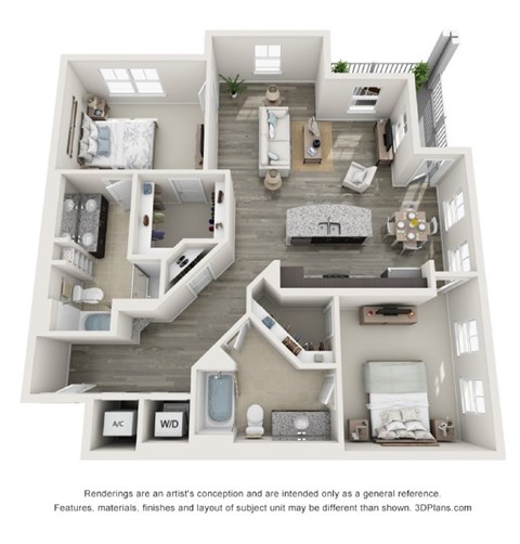 Floor plan for 2 beds, 2 baths, 1265 sqft